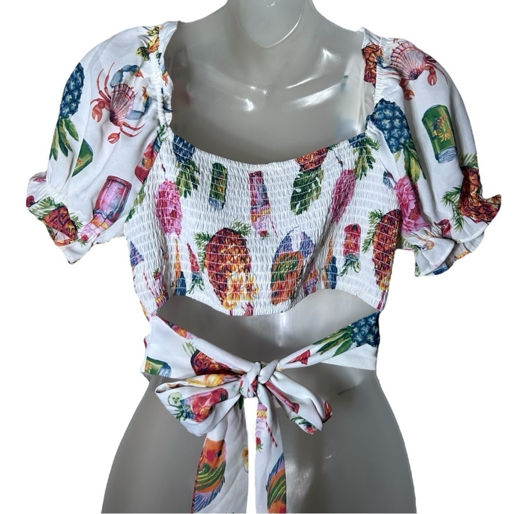 Mine Pina Colada Tropical Top Corset Crop Multicolor Puff Sleeve Size M NWOT - Picture 9 of 14